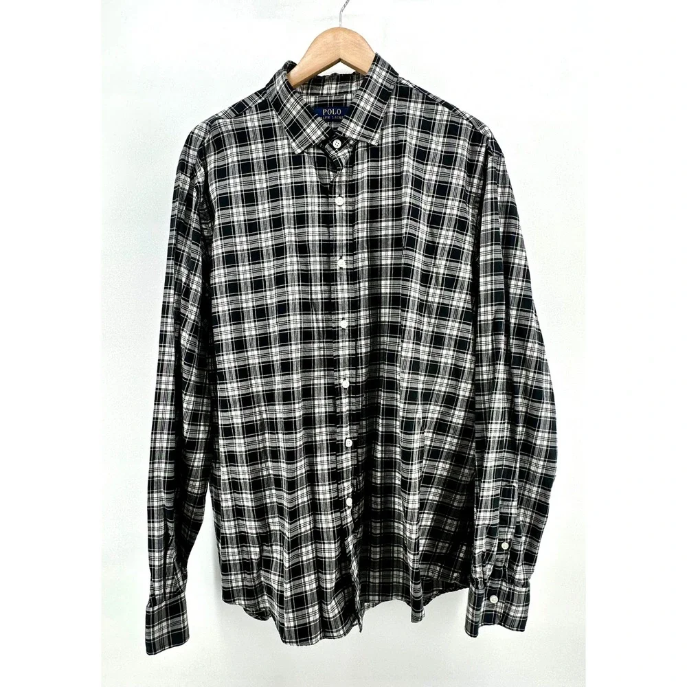 Polo‎ Ralph Lauren Mens XXL Black White Plaid Cotton Button Down Shirt Long Slv